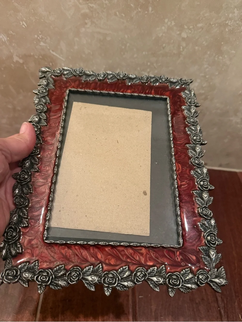 VTG decorative pewter flower with brown insert Photo Frame 5x7.